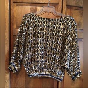 Vintage 80s Made in USA Gold & Black Zigzag Sequin Batwing Blouse